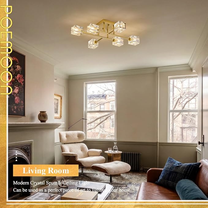 24" Gold 6-Light Luxury Semi Flush Mount Ceiling Light Modern K9 Crystal Kitchen Island Sputnik Chandelier for Dining Room Entryway Bedroom Living Room - Image 8