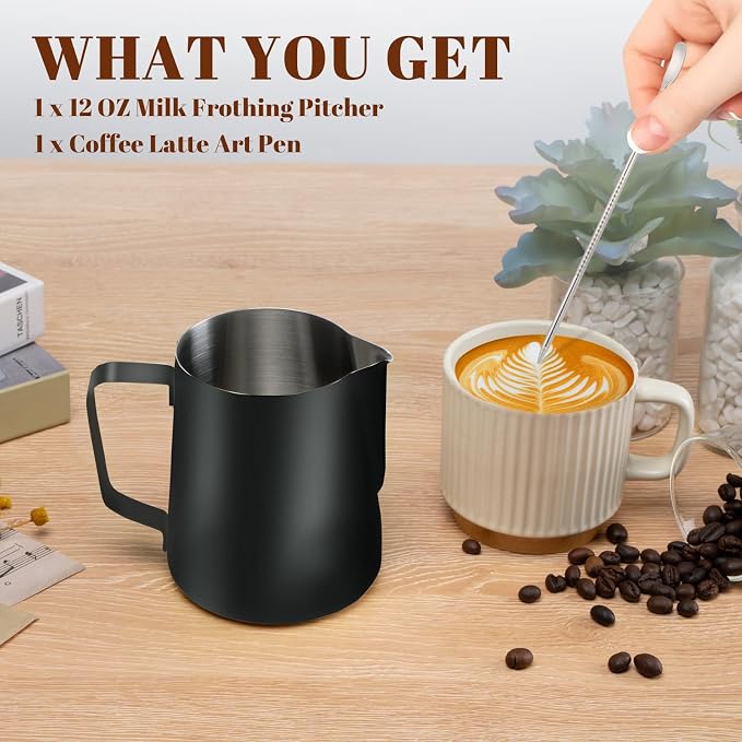 Amrules Milk Frothing Pitcher, 12oz Milk Frother Cup with Clear Scale, 304 Stainless Steel Cappuccino Espresso Machine Accessories for Barista Coffee Bar with Latte Art Pen, Black - Image 3
