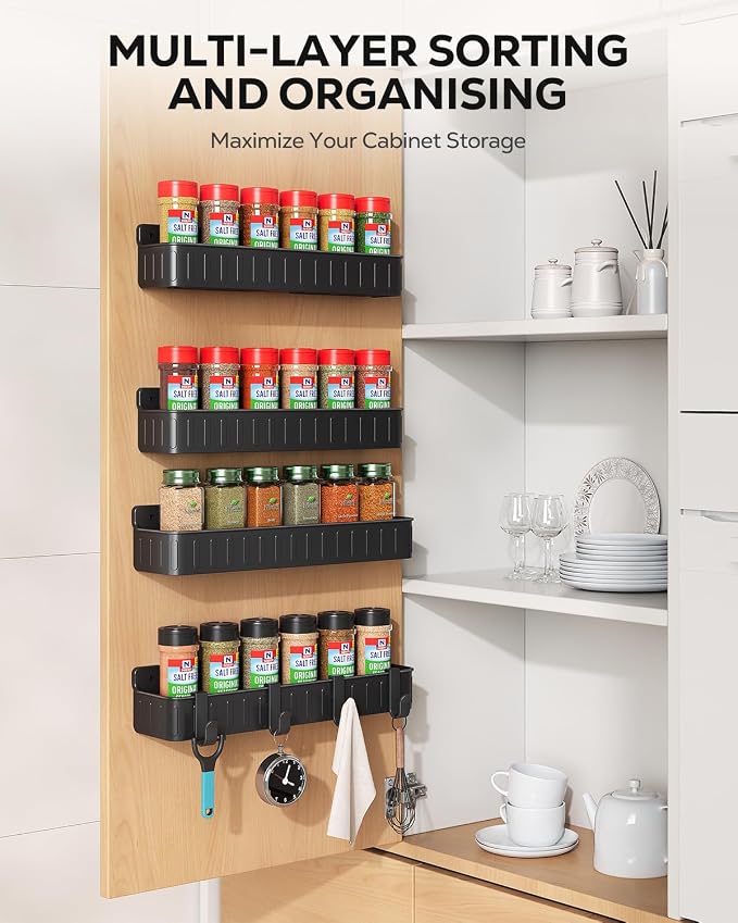 Nieifi Spice Rack Wall Mount, 4 Pack Black, 2" Depth, Screw/Adhesive | Wall-Mounted with Removable Hooks Saves Counter Space, Fits 2" Deep Jars, Ideal for Kitchen Cabinets, Pantry Doors, and RVs. - Image 2