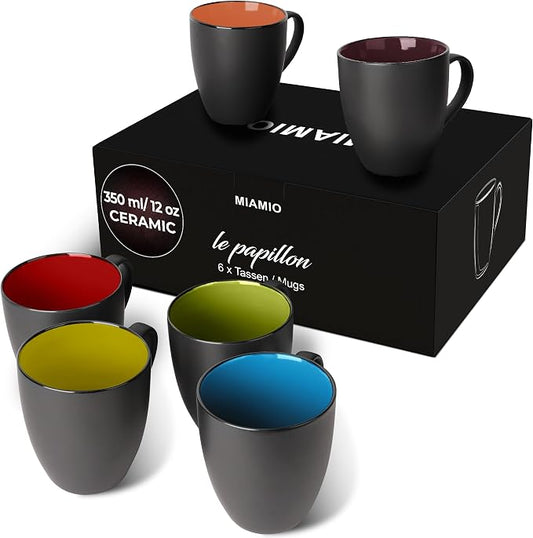MIAMIO - Coffee Mugs Set of 6 (12 oz) - Le Papillon (Mixed) - Modern Home | Ceramic coffee mugs for coffee, cappuccino and tea, 12 oz for everyday use - dishwasher safe - practical for daily use by MIAMIO