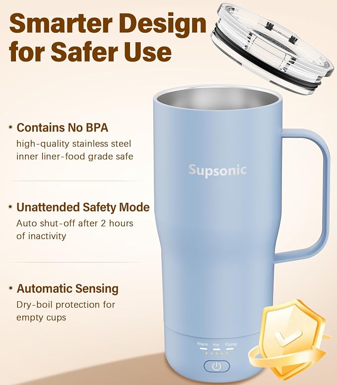 Supsonic Heated Coffee Mug Rechargeable, 20oz Long-Lasting Battery (S3) | Dry-burn protection, 2Hr auto-off, 3-Temp settings, Constant temperature, Inner stainless steel, Warm gift for men women - Image 6
