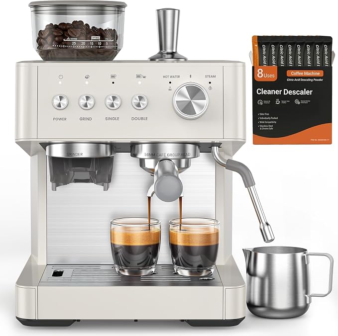 (2026 Upgrade) Espresso Machine with Grinder, 15 Bar Expresso Coffee Machines, Professional Coffee Maker for Latte&Cappuccino with Milk Frother, Expresso Machines for Home Descaling Kit Included White by Electactic