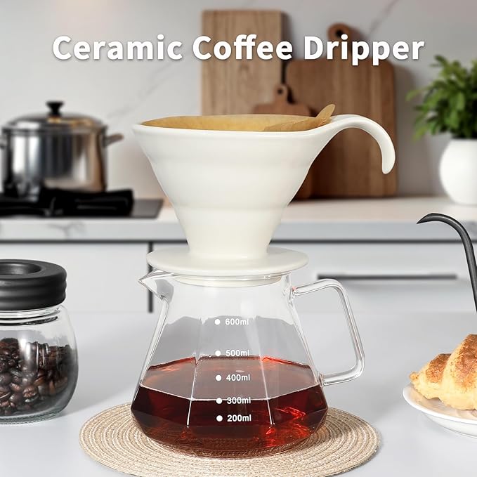 Mongdio Pour Over, Ceramic Coffee Pour Over, Reusable Porcelain Portable Pour Over Coffee Maker with 40pcs Paper Filter, For Home,White
