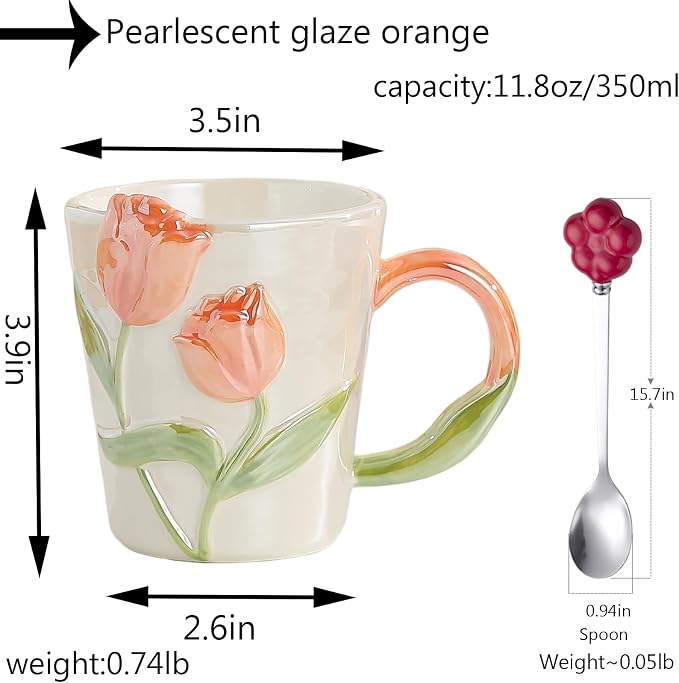 Hand Drawn Ceramic Coffee Mug 11.8Oz, Personalized Cute Tea Cup for Women, Unique Gift for Mom Wife Best Friend, Home Office Use, Orange Color - Image 2