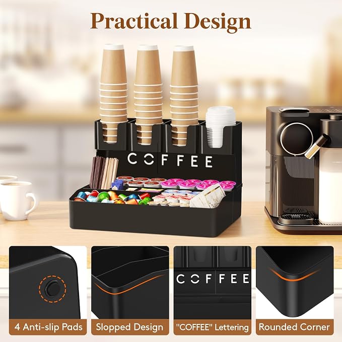 Lifewit 2-tier Coffee Station Organizer Caddy for Countertop, 11 Compartments Coffee Bar Organizers for Cups, Pods, Sugar, Compact Condiment Holders Storage for Office Breakroom Kitchen Home Black - Image 5