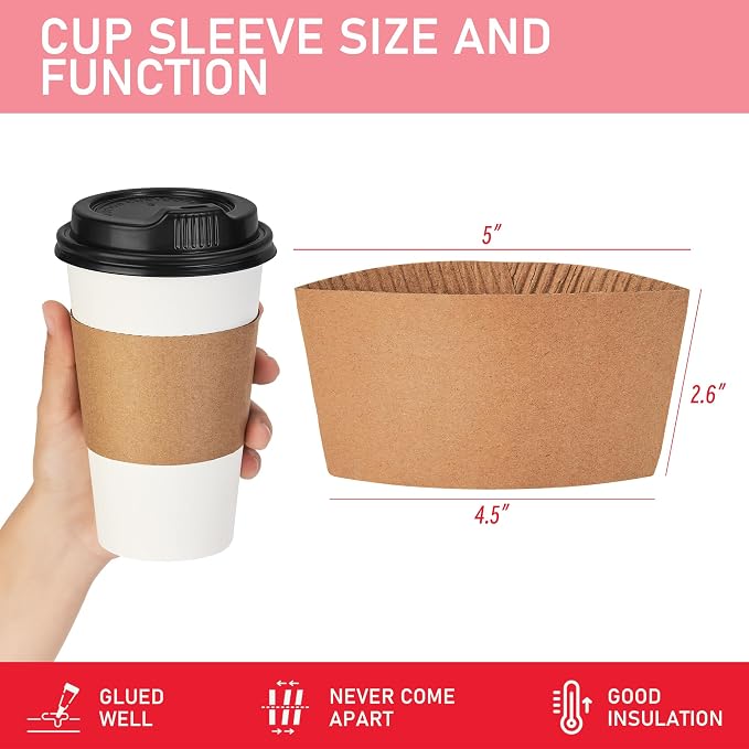 16 oz 100 Pack Coffee Cups with Lids and Sleeves, Hot Paper Coffee Cups with Lids, Disposable To Go Cups with Lid for Coffee, Tea, Hot Chocolate, Ideal for Cafes, Offices and Travel - Image 3