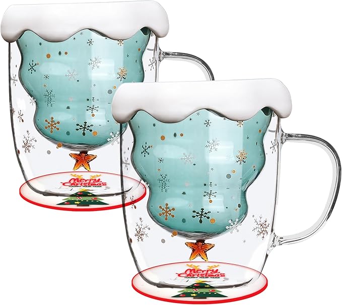 Christmas Tree Mugs Set of 2 Double Wall Mugs with Lid and Handle - Cute Christmas Glass Mugs Gift for Women, Men, Kids