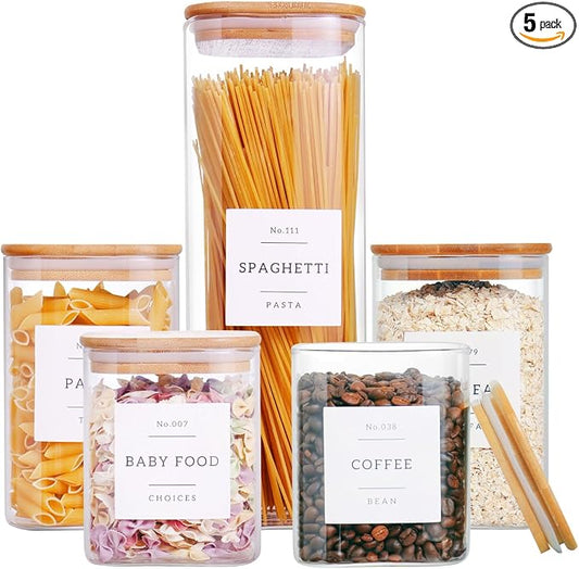 CZZGSM 5 Pack Square Glass Pantry Storage Containers with 132 Kitchen Food Pantry Labels - Clear Glass Jars with Airtight Wood Bamboo Lids - Glass Canisters for Cookies, Nuts, Cereal by CZZGSM