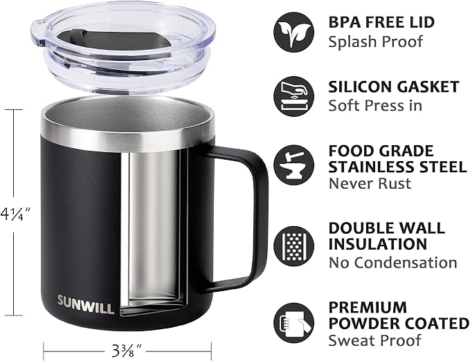 SUNWILL Travel Coffee Mug with Lid, Insulated Tumbler with Handle, 14oz Stainless Steel Cup for Camping, Outdoor, Powder Coated Black - Image 2