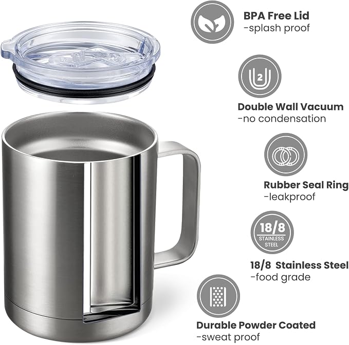 MEWAY 12oz Coffee Mug With Handle 4 Pack Bulk,Stainless Steel Insulated Travel Tumblers With Sliding Lid,Double Wall Vacuum Camping Cup for Hot & Cold Drinks Tea (Sliver,Set of 4) - Image 2