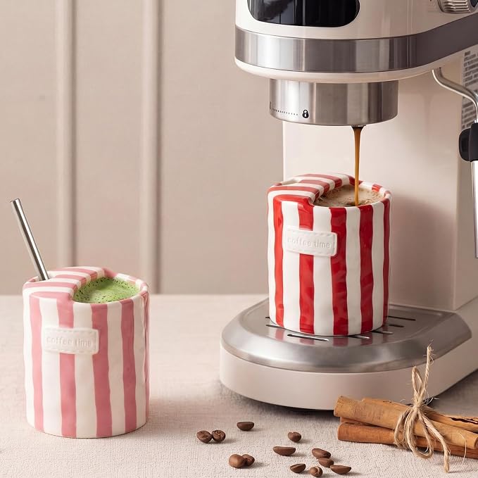 2 Pack Ceramic Coffee Mug with Sip Hole Espresso Cup 10oz with Straws Retro Hand Painted Striped Ceramic Iced Coffee Tea Travel Mug Latte Cup for Kitchen Dining (Simple,Red,Pink) - Image 4