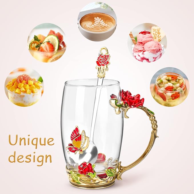 OEAGO Gifts for Women Mom Mothers Tea Cup Best Birthday Butterfly Rose Gifts for Her from Daughter Son Glass Coffee Christmas Enamels Mug Lead-Free with Spoon Set - Image 6