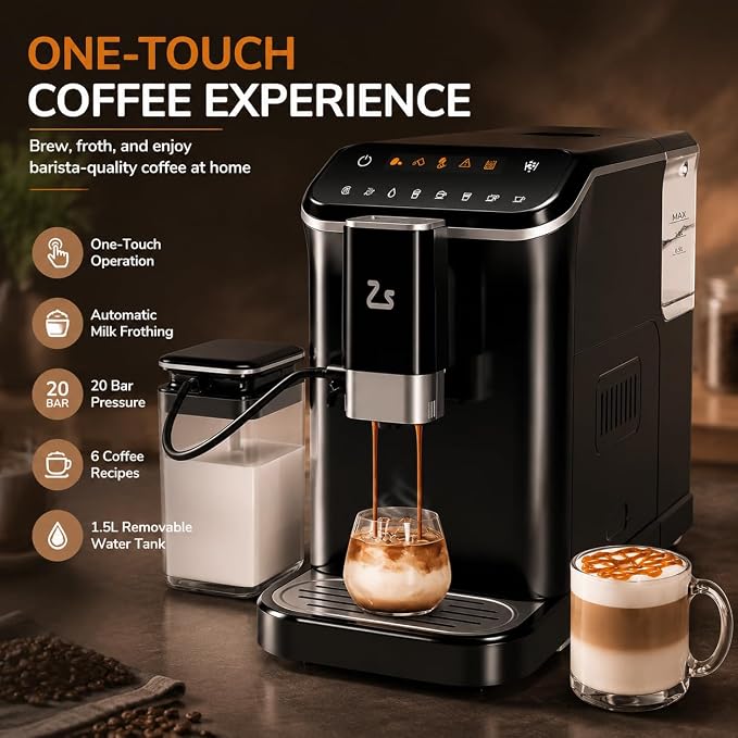 Fully Automatic Espresso Machine with Grinder, 20 Bar Coffee Maker with Dual Boiler System, One Touch Latte Cappuccino Maker with Auto Milk Frother, 1.5L Water Tank for Home Office - Image 2