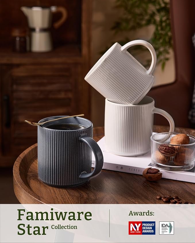 famiware Coffee Mug Set for 6, Star 16 oz Catering Mugs Cup Set with Handle for Coffee, Tea, Cocoa, Milk - Ceramic Stoneware Drinkware Set, Matte White + Matte Black - Image 3