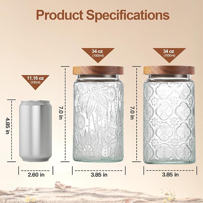 2-Pack 34 OZ Vintage Glass Jar with Lid, Airtight Food Storage Canisters with Bamboo for Kitchen Counter Pantry, Ideal for Coffee, Candy, Tea, Oats, Sugar, Cookies Decorative Jars - Image 2