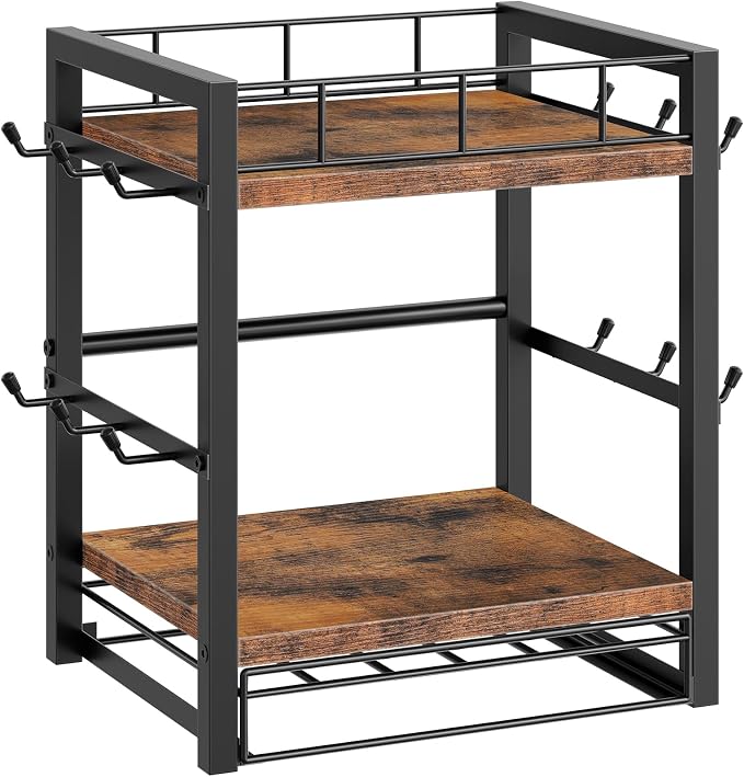 HOOBRO Coffee Mug Cup Holder, Tree Bar Station Organizer for Countertop, 12 Hooks Mug Stand Rack with Sliding Drawer for 30 K-Cup Pods, 2 Tier Mug Display Stand, Rustic Brown and Black BF11TL01 by HOOBRO