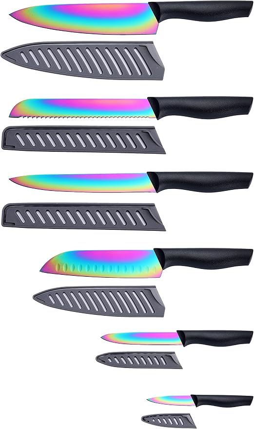 Marco Almond Kitchen Knife Set, KYA36 12-Piece Rainbow Color Stainless Steel Chef Boxed Knives Set for Kitchen with Covers, 6 Knives with 6 Blade Guards, Black | 6 Knives with 6 Black Blade Guards,Rainbow Stainless Steel Knives Set, Anti-Rust,Ergonomic... by MarcoAlmond