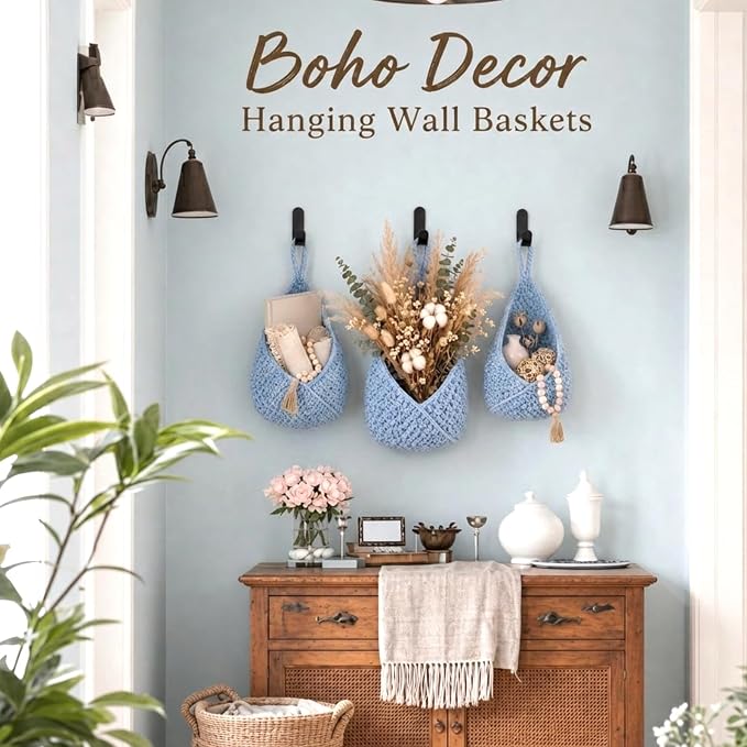 Honeydak Boho Decor Hanging Wall Baskets for Kitchen 3 Pack Teardrop Baskets with Hooks Storage Fruit Onion Vegetable Potato for Home(Light Blue,Triangle,Cotton Rope) - Image 5
