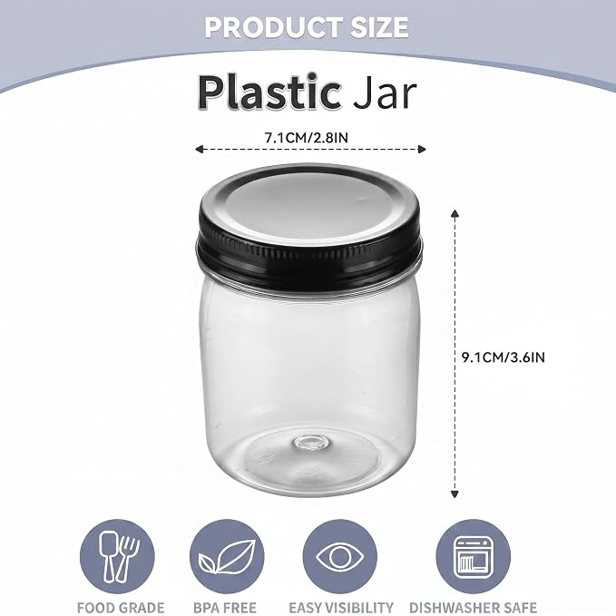 novelinks 8 oz Plastic Mason Jars and Clear Plastic Jars with Lids 8 oz | 48 Pack, Black, Plastic Containers with Lids, Small Mason Jars, Clear Jars Bulk, Spice Jars, Slime Jars, Mini Jars - Image 2