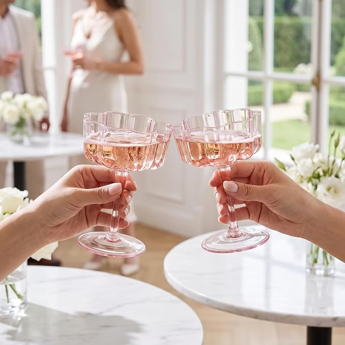 Khen Flower Vintage Wavy Petals Wave Glass Coupes 7oz Colorful Martini, Champagne & Cocktails - 2 Set - Rippled & Champagne Glasses, Bar Glassware Copyright Design (Pink) - Image 7