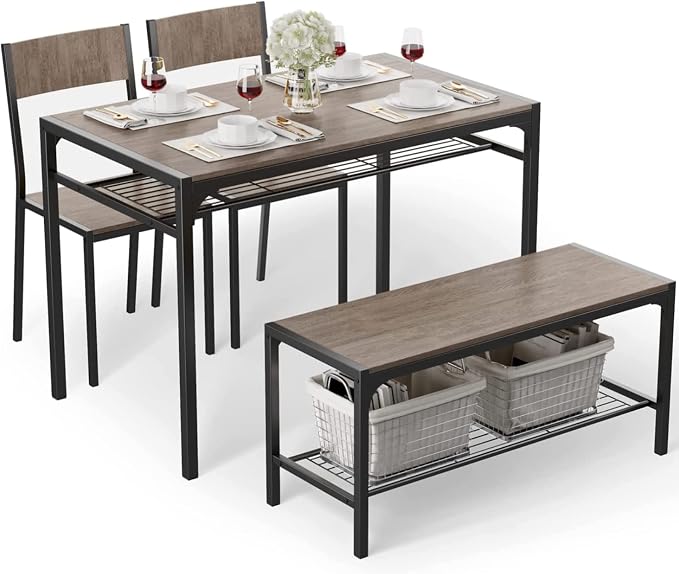 Gizoon 4-Piece Dining Table Set for 4, Kitchen Table with Bench Grey | Space-saving grey 4-piece dinette set with metal storage rack. Includes 2 ergonomic chairs and 1 bench. Easy to clean. by Gizoon