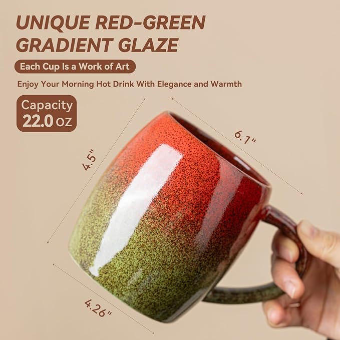Handmade 22oz Ceramic Coffee Mug, Ergonomic Large Handle, Ideal Gift for Coffee Lovers, Microwave & Dishwasher Safe (Minute-Red&Green) - Image 5