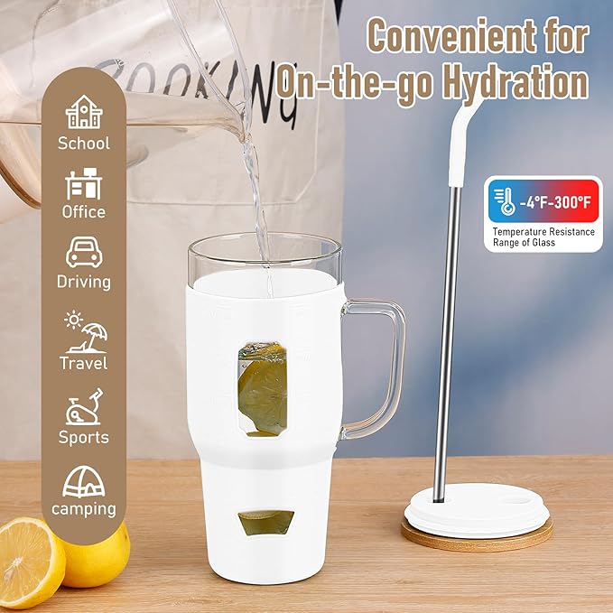 Glass Cups with Handle and Bamboo Lids - 40oz Tumbler with Stainless Steel Straw | Glass Water Bottle with Silicone Sleeve for Coffee, Smoothi, Hot/Cold Drinks for Travel, Office, Home (White)