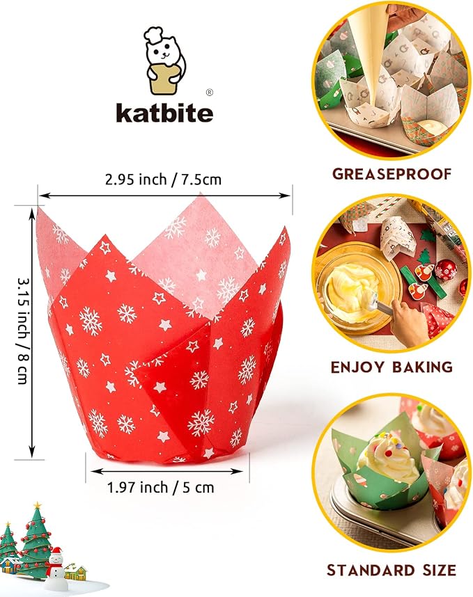 Katbite Christmas Tulip Cupcake Liners 200PCS, Muffin Baking Holders | Greaseproof Baking Cups for Christmas Party, Holiday, Wedding, Birthday, Food Grade Paper Cupcake Wrapper for Muffin - Image 2