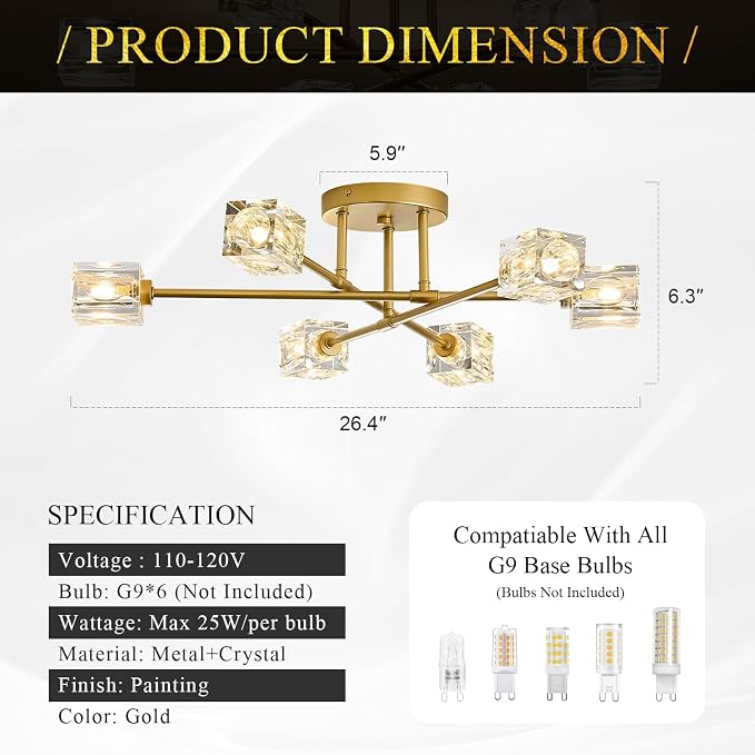 Modern Crystal Semi Flush Mount Ceiling Light Gold Sputnik Chandeliers 6 Lights Industrial 26" Chandelier for Foyer Entryway Kitchen Bedroom Living Room Dining Room - Image 2