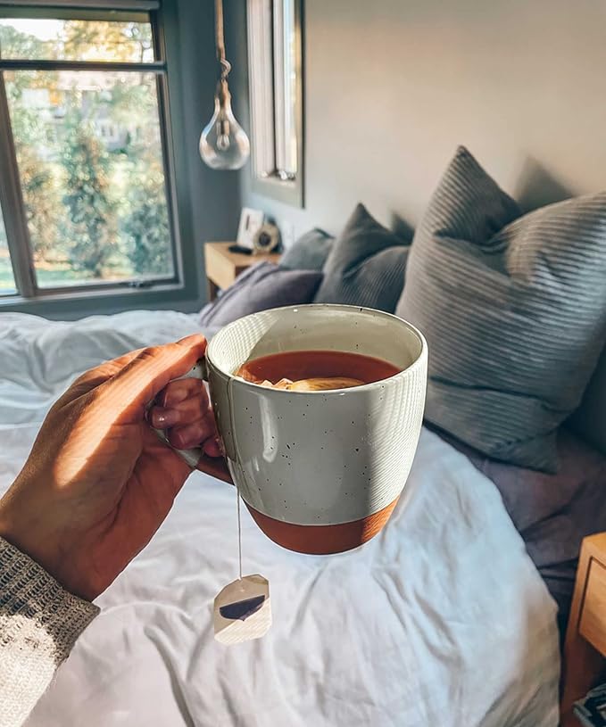 Mora Ceramic Large Latte Mug Set of 4, 16oz - Microwavable, Porcelain Coffee Cups With Big Handle - Modern, Boho, Unique Style For Any Kitchen. Microwave Safe Stoneware - Earl Grey - Image 7