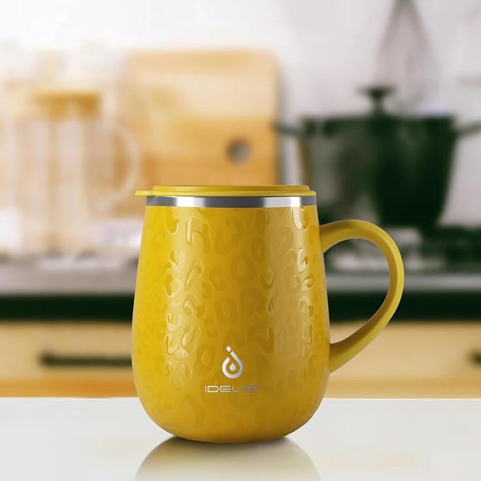 Ideus 16 oz Insulated Coffee Mug with Handle and Lid, Double Wall Stainless Steel Vacuum Thermal Coffee Mug, Travel Coffee Cup Thermal Cup for Home and Office, Leopard Yellow - Image 8