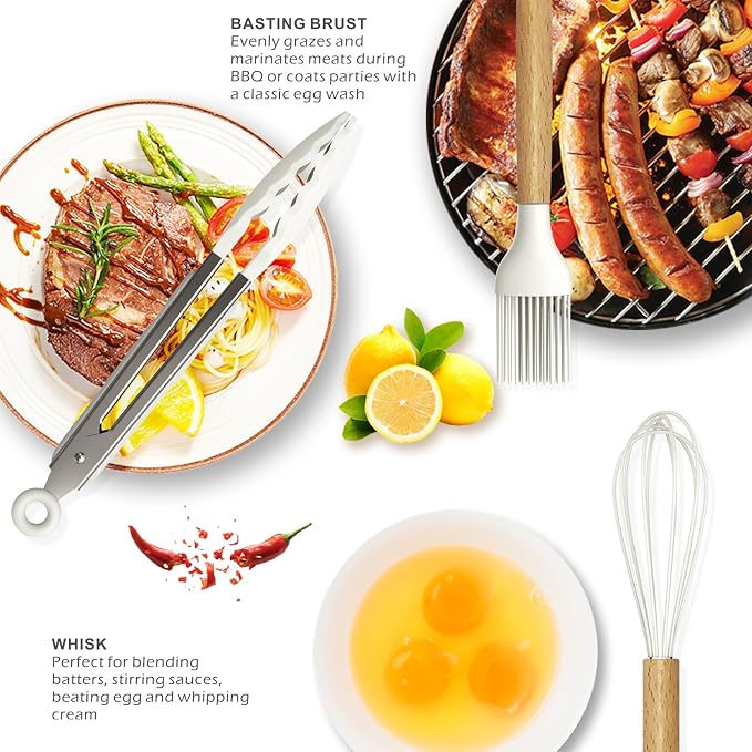 oannao Silicone Cooking Utensils Set - 446°F Heat Resistant Silicone Kitchen Utensils for Cooking,Kitchen Utensil Spatula Set w Wooden Handles for Non-Stick Cookware, BPA FREE (Cream White) - Image 4