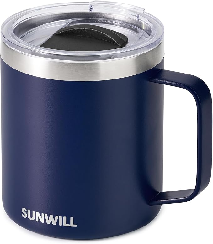 SUNWILL Insulated Coffee Mug with Lid, Travel Tumbler with Handle, 14oz Stainless Steel Cup for Camping, Office, Home, Powder Coated Navy Blue by SUNWILL