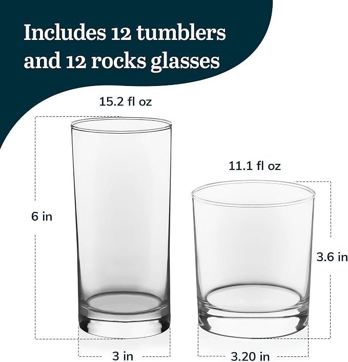 Province Tumbler & Rocks Beverage Glasses Set of 24, Clear Glass Cups | 15.2 oz and 11.1 oz Capacities for Water, Juice, Cocktails, and More with Lightweight Design and Dishwasher-Safe Cleanup - Image 3