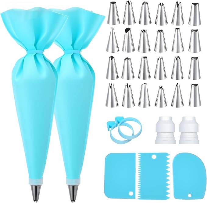 Piping Bags and Tips, Reusable Cake Decorating Supplies with 2 Piping Bags & 24 Icing Tips & 2 Couplers & 3 Scrapers & 2 Silicone Rings Cake Baking Tools for Cookie Icing Cupcakes