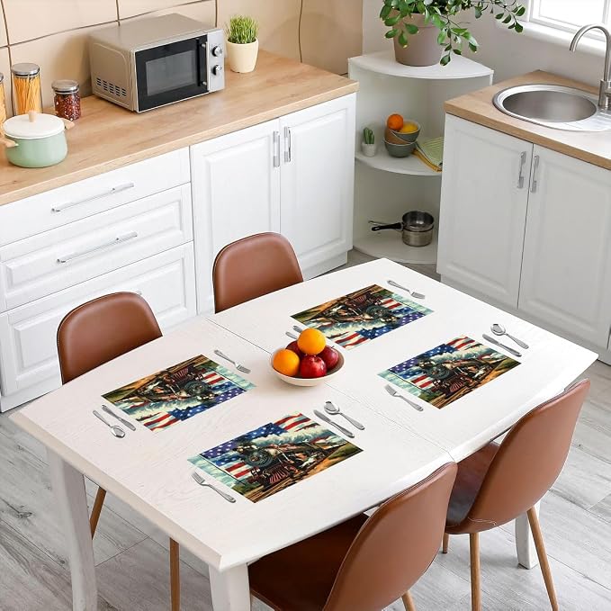 Feelyou Train Placemats Set of 4 American Flag Table Mats for Party Kitchen Dining Decoration Colorful Steam Engine Place Mat for Table Holiday Decor Indoor Outdoor 18"x12" Easy to Clean - Image 3