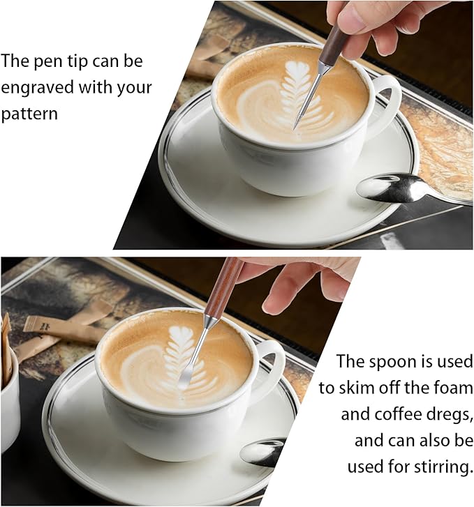 Latte Art Pens, 2-Pack Stainless Steel Latte Art Coffee Pen Barista Tools with Wooden Handle, Double-Ended Barista Accessories for Professional Coffee Drawing, Home & Cafe Use