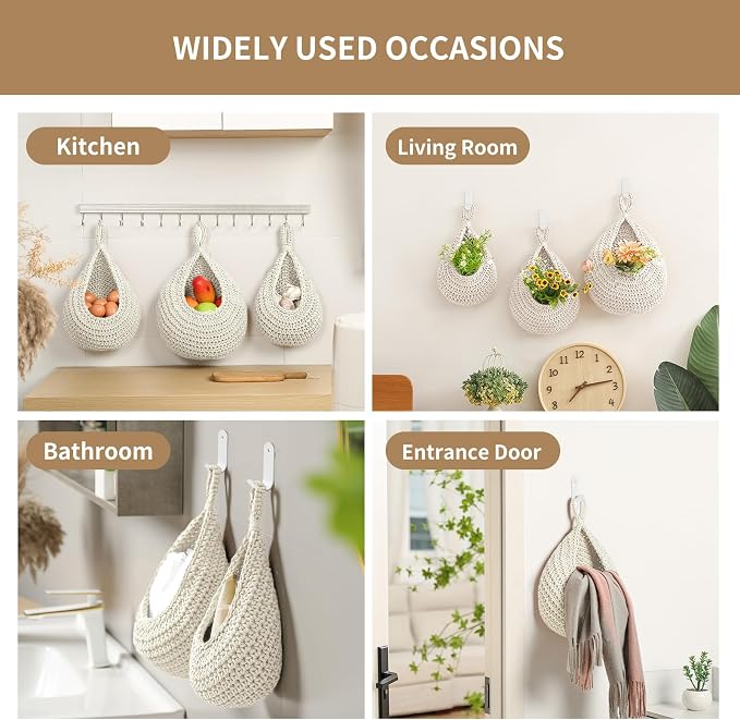 Boho Wall Hanging Fruit Baskets for Kitchen 3 Pack Woven Produce Holder with 6 Pcs Strong Hooks Vegetable Hanging Basket for Organizing Teardrop Home Wall Potato Onion Storage, White - Image 6
