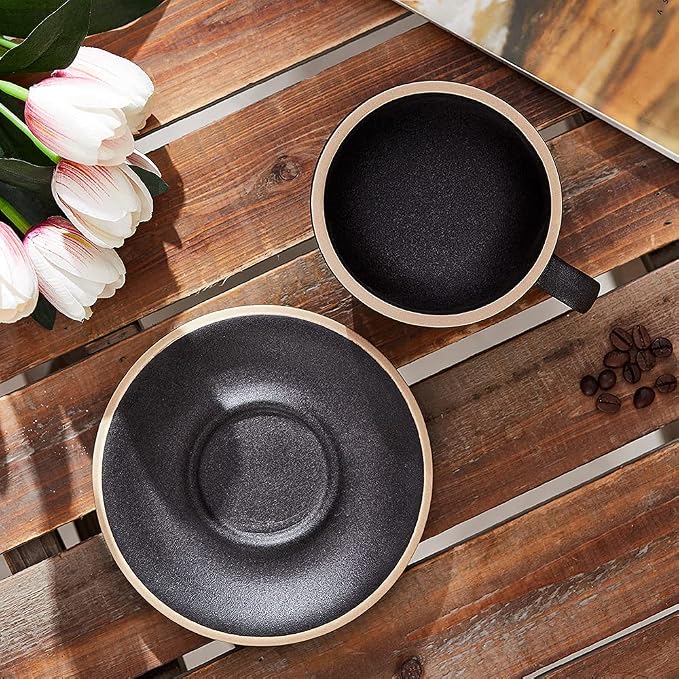 Coffeezone Vintage Design 12 oz Ceramic Latte Art Cappuccino Barista Cup with Saucer (Rough Black) - Image 4