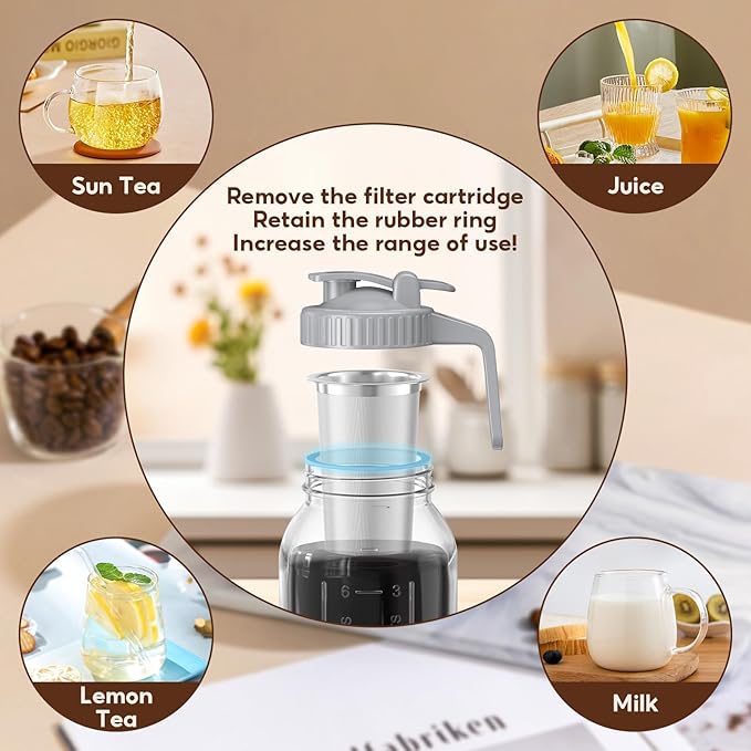 Cold Brew Coffee Maker Jar - 2 Pack 64 oz/32 oz Glass Cold Brew Maker with Handle, Stainless Steel Filter & Leak-Proof Lid, Heavy Duty Cold Brew Pitcher for Iced Coffee, Sun Tea, and Milk