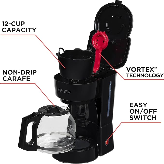 BLACK+DECKER 12-Cup Coffee Maker with Easy On/Off Switch, Easy Pour, Non-Drip Carafe with Removable Filter Basket, Vortex Technology, Black (Pack of 4) - Image 3