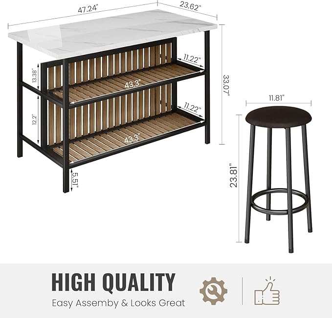 AWQM Kitchen Island with Seating & Storage Shelf, Modern Bar Table and Chairs Set for 2, Wooden Island Table for Kitchen, Dining Table Set for Small Space, White - Image 8