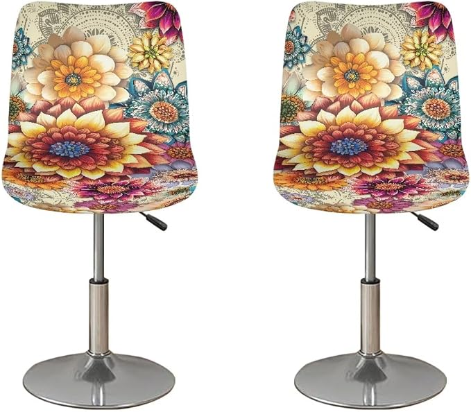 Bohemian Flowers Pattern Bar Stool Covers, 2 Pcs Bar Stool Covers with Backs Washable Soft Decorative Dining Chair Covers for Dining Room Cafe Kitchen by Sellikakes