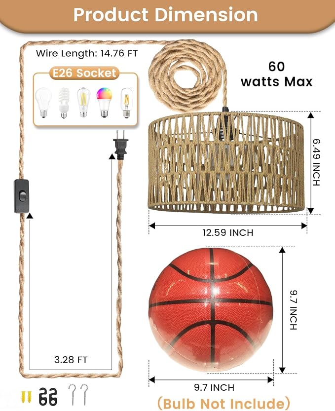 12.6 Inch Boho Hanging Light with Plug in Cord Rattan Hanging Lamp Hand Woven Rattan Wall Lightfor Bedroom, Living Room, Kitchen, Nursery, E26 Base, Indoor,Without Bulb - Image 2