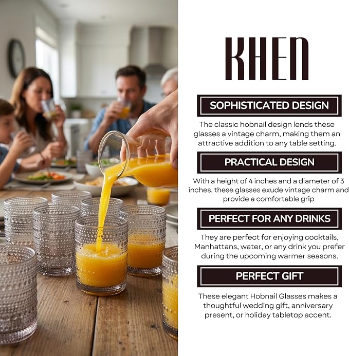 Khen Beaded Tumbler Drinking Glasses Set | Set of 6 | Vintage Hobnail 11 OZ Bubble Design Whiskey Glassware, Old-Fashioned, Embossed Design Glass for Water, Wine, Cocktail HAND WASH ONLY (Grey) - Image 5