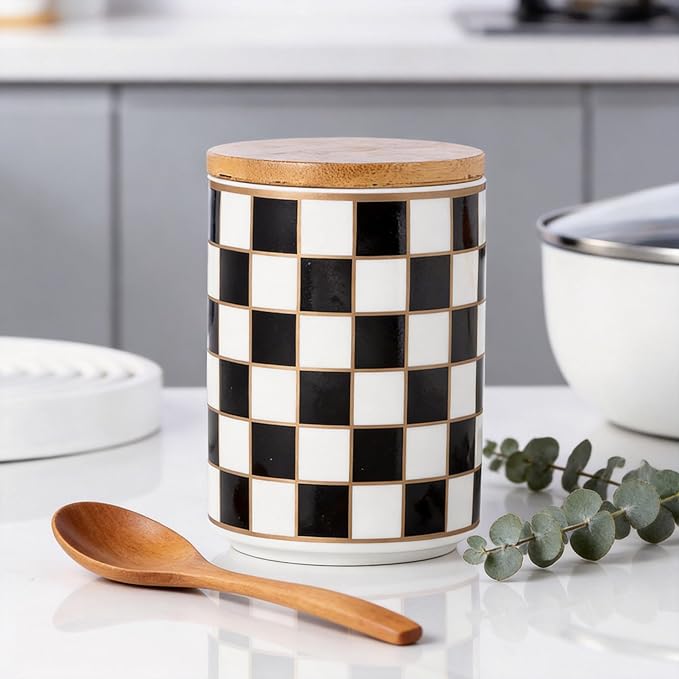 Kitchen Countertop Ceramic Checkered Canisters,Black And White Food Storage Containers With Lid,Airtight Kitchen Canisters for Flour, Sugar, Coffee, Tea, and Dry Goods (Black, Small) - Image 7