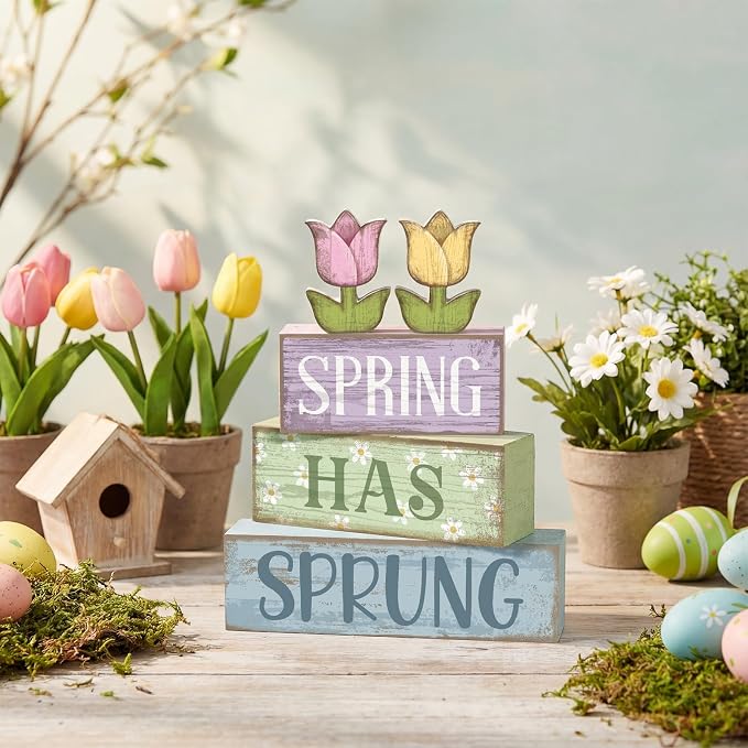 Moucuny 4 Pcs Spring Table Decorations Wooden Stacked Block Sign with Tulip Decor - "spring Has Sprung" Centerpiece Rustic Easter Tiered Tray Decorations Flower Signs for Home Kitchen Tabletop Mantel - Image 2