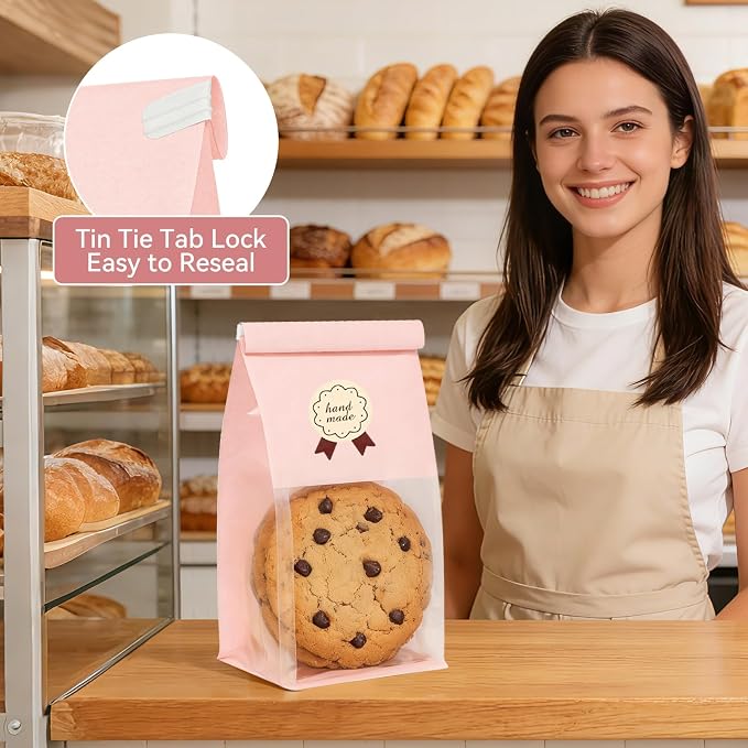 100 Cookie Bags with Seal, Resealable Bakery Bags with Window, Pink Paper Treat Bags for Packaging Pastry, Muffin, Cookie, Baked Goods, Included 120 Handmade Stickers - Image 5