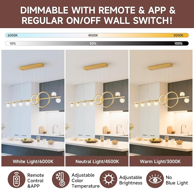 ORANOOR Modern Gold Chandeliers Pendant Light, 47in Dimmable LED Chandelier | Linear Gold Pendant Light for Kitchen Island Dining Room, 6 Globe Hanging Pendant Chandelier Lighting Fixture, 2 Rings 4200lm - Image 4