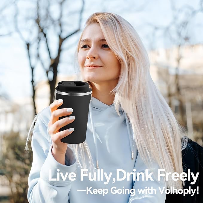 Volhoply 12 oz Double Wall Insulated Vacuum Travel Coffee Mug with Flip Lid Bulk 4 Pack,Reusable Stainless Steel Leak Proof Coffee Cups,Portable Cafe Thermal Tumbler for Hot & Cold Drinks(Black,4 Set) - Image 7